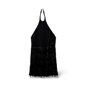 Black Sequin Fringe Halter Dress Women’s 2XL Keyhole Front